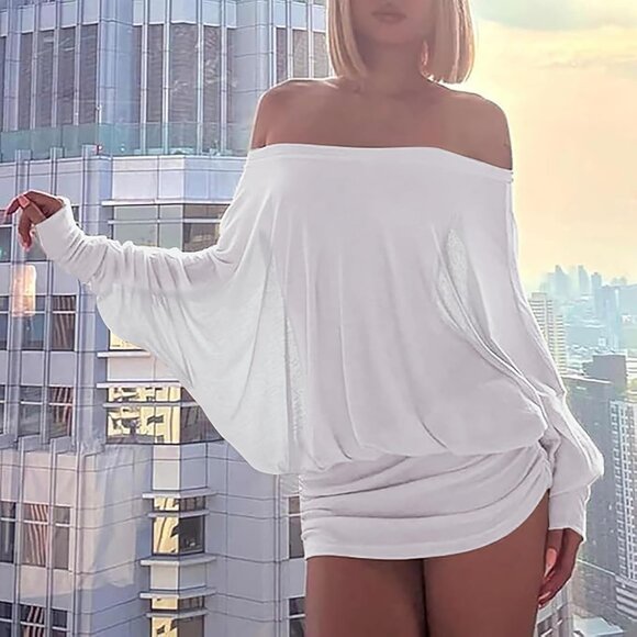 Women White Off Shoulde Ruched Casual Going Out Long Sleeve Mini Dress - Picture 5 of 5